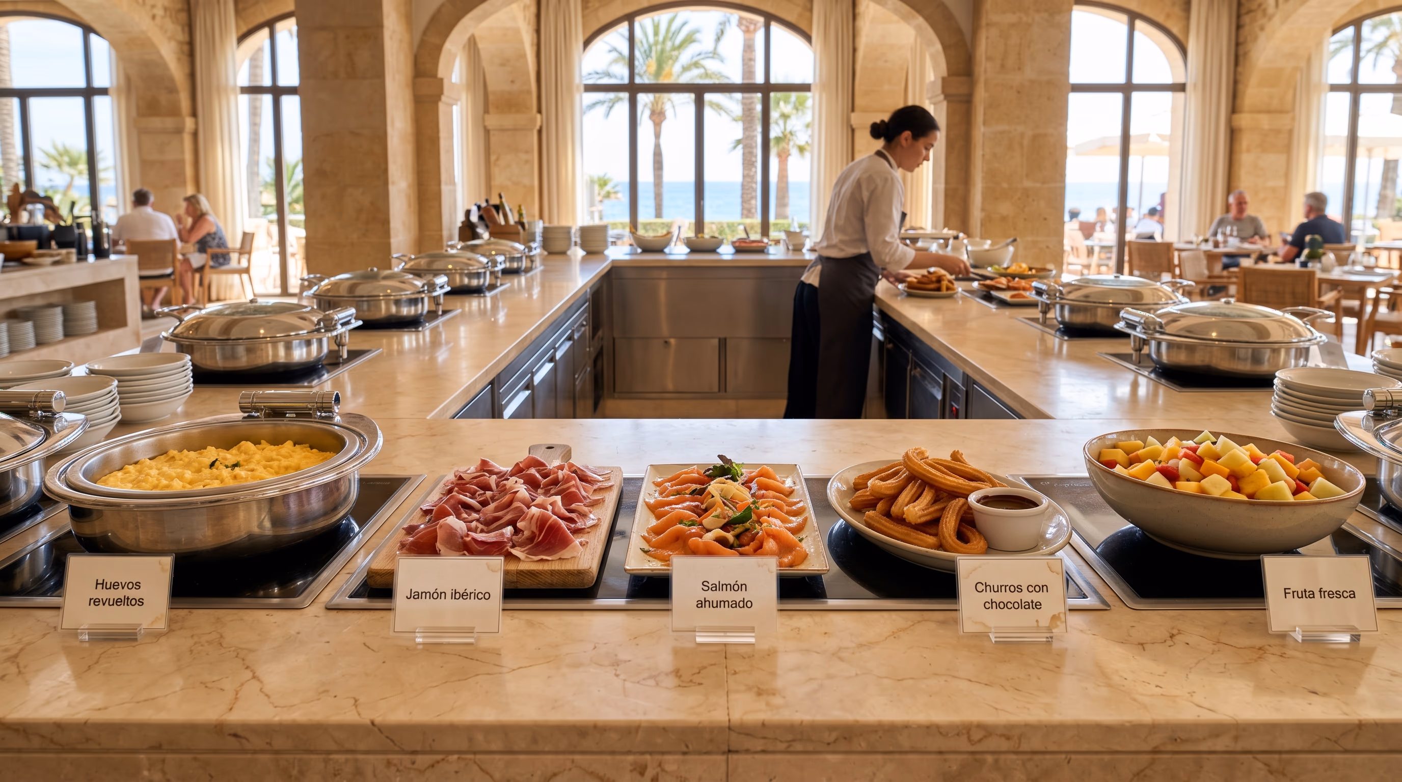 Buffet de hotel con etiquetas de papel arrugadas y manchadas