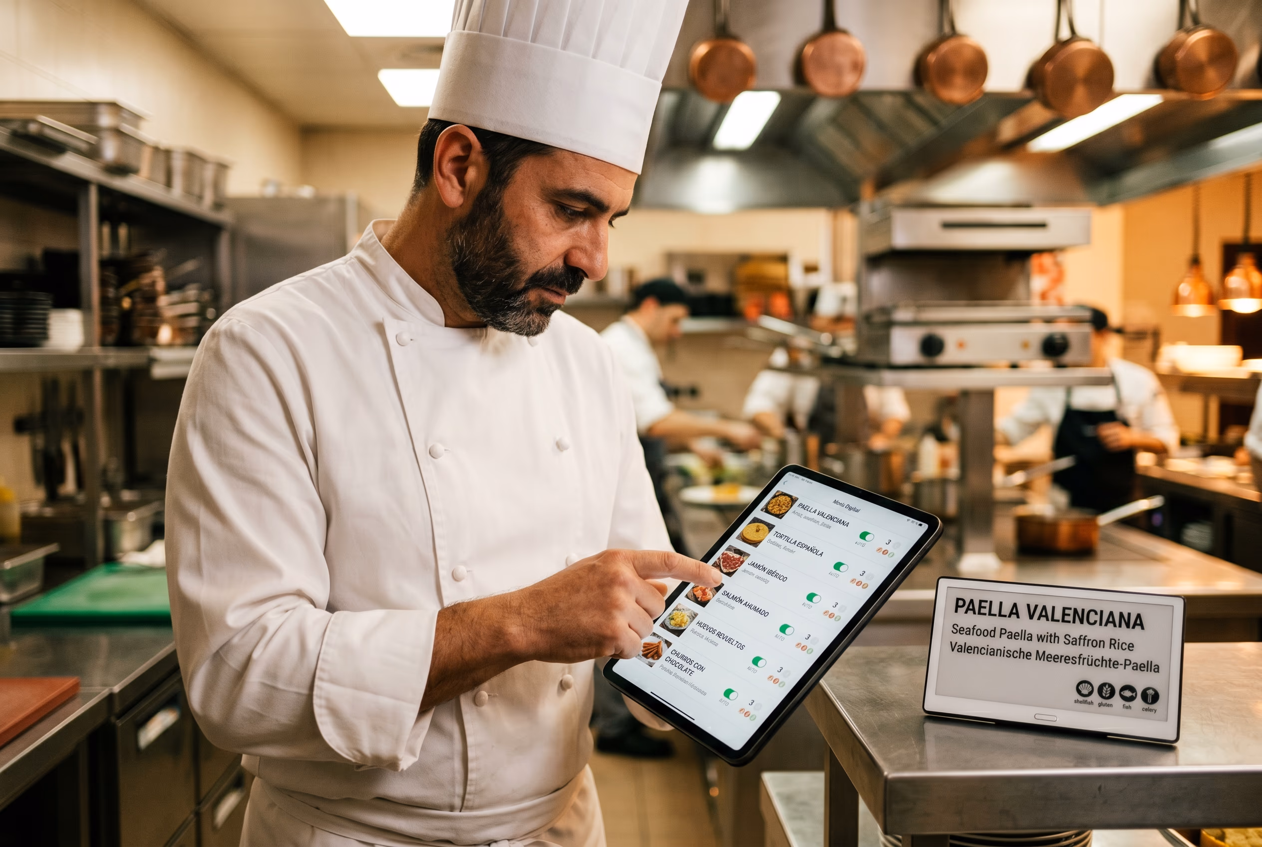 Manos del responsable F&B configurando una etiqueta e-ink desde tablet en cocina hotel