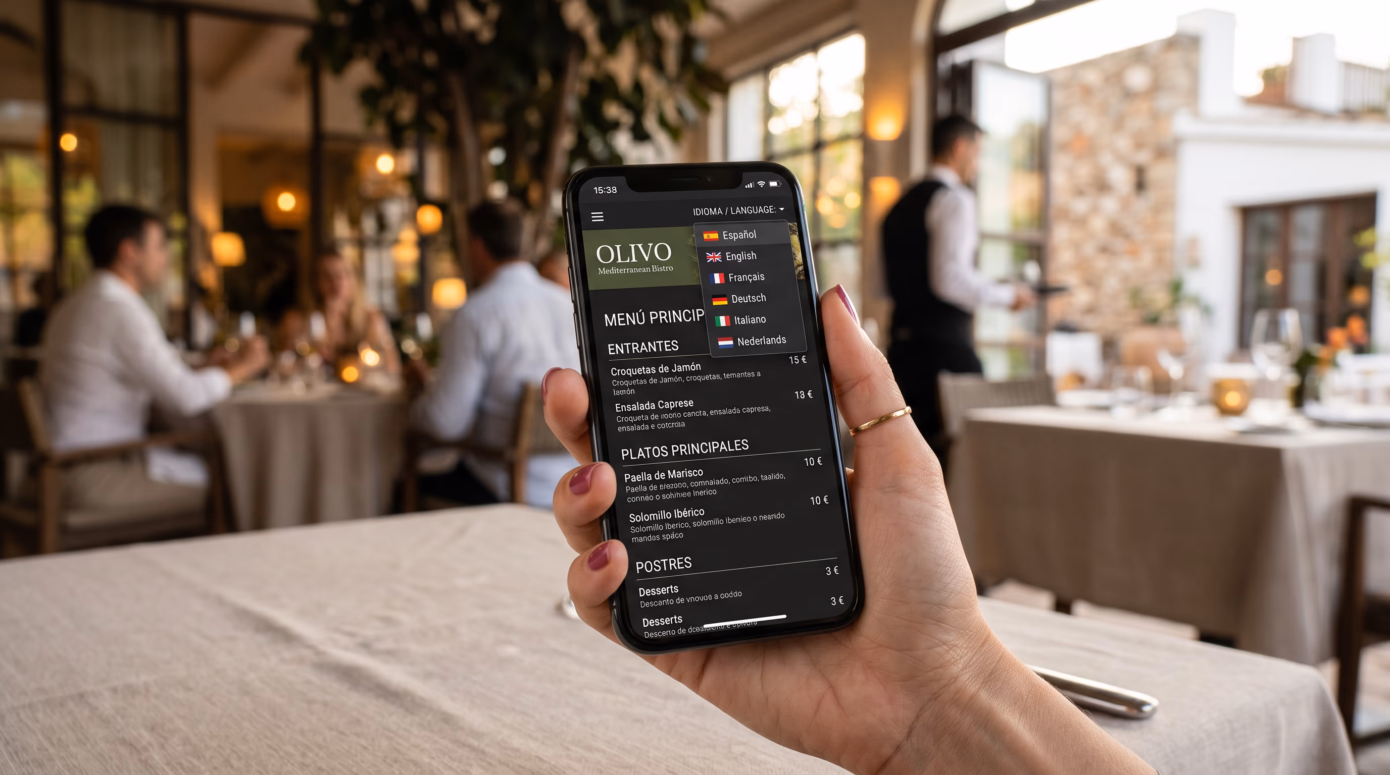 Mobiltelefon-Bildschirm mit digitaler Speisekarte und Sprachauswahl